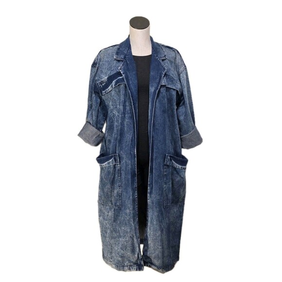 Matti O! Vintage 80s Acid Wash Denim Trench Coat Open Front Duster Women's Sz 16 - Picture 1 of 14